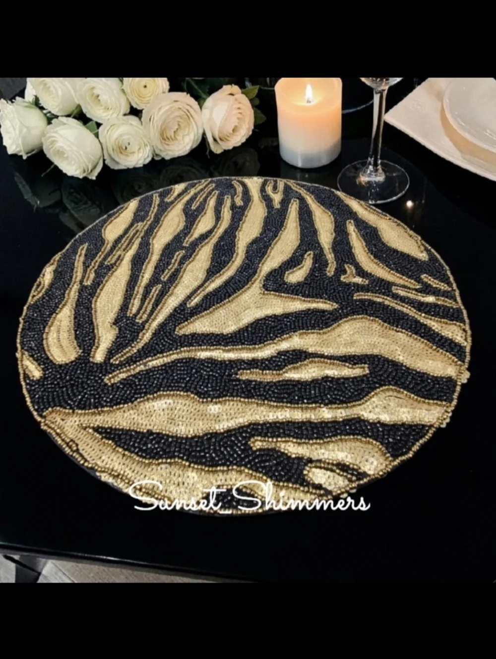 Jewel Mumbai Animal Print Beaded Placemat Centerpiece Black Gold Tiger Stripe